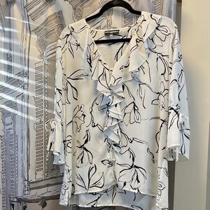 Karl Lagerfeld Black and White Floral Ruffle Blouse